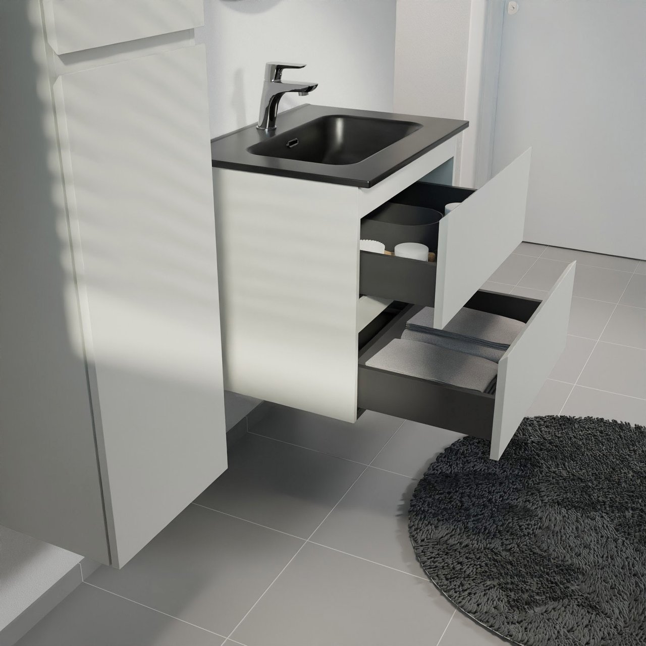 Linie Lado hängendes Möbelstück Set: 60 x 46 cm, Greige, mit Baro Einzelwaschtisch, Porzellan Schwarz matt