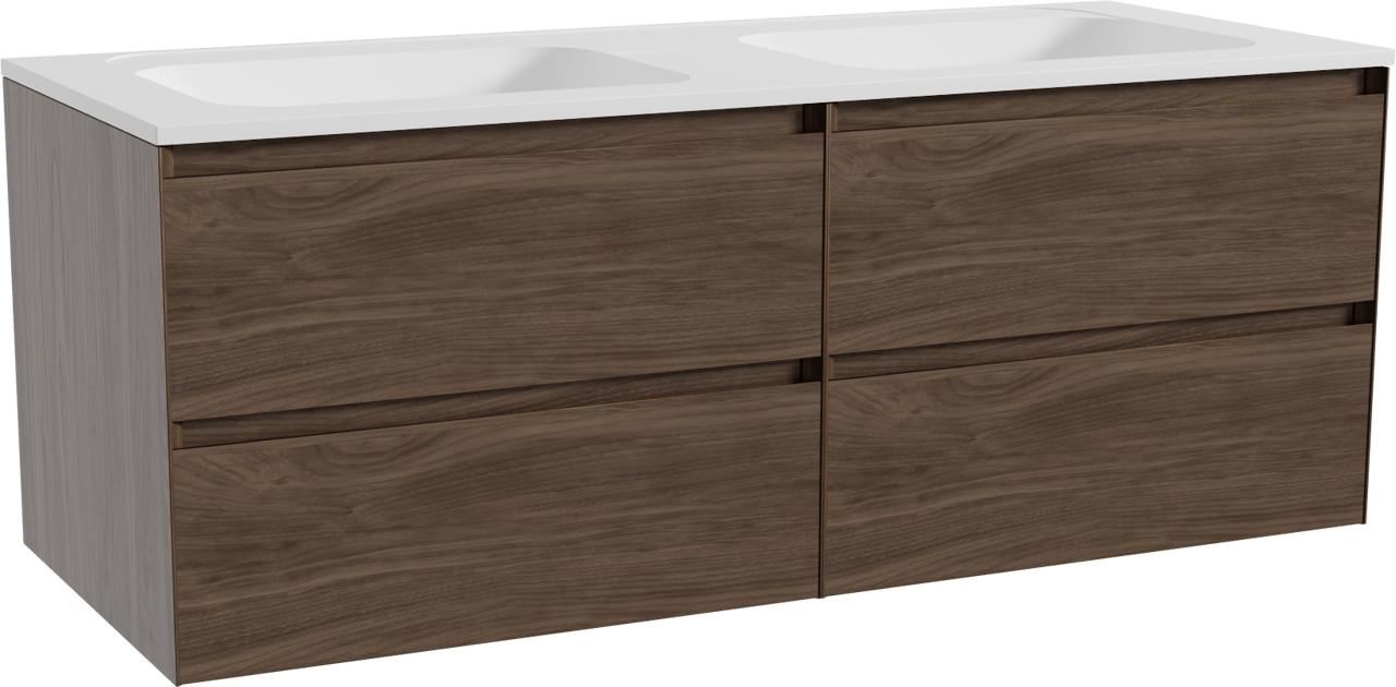 Balmani Mitra meuble salle de bains suspendu 135 x 55 cm noyer américain avec Tablo Strada double vasque en marbre composite blanc mat