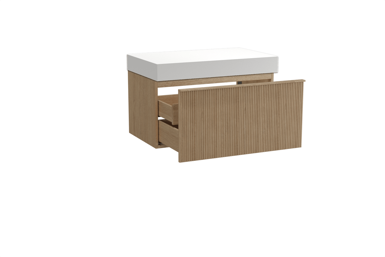 Balmani Forma meuble salle de bains suspendu 90 x 55 cm chêne naturel avec Dominus tablette simple en solid surface blanc mat, Nervure droite symétrique verticale