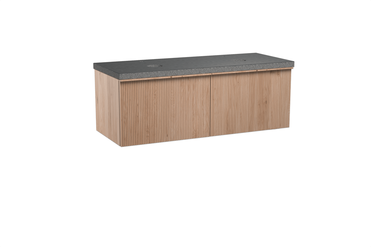 Balmani Forma hängendes Möbelstück Set: 135 x 55 cm, Naturbelassene Eiche, mit Rock Doppel Waschtischplatte, Granit, Schwarzes Granit, Vertikale symmetrische gerade Rippe