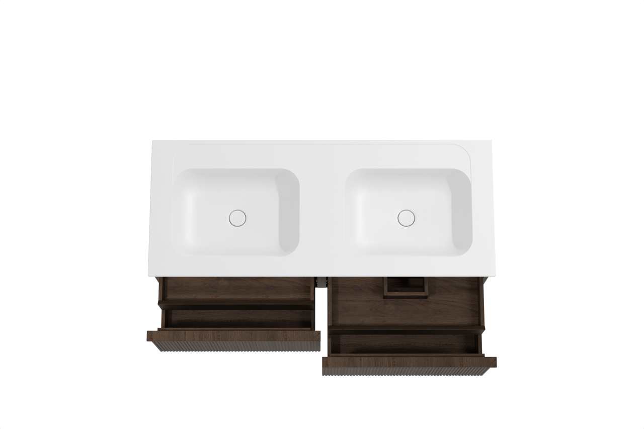 Balmani Forma meuble salle de bains suspendu 135 x 55 cm chêne fumé avec Tablo Strada double vasque en marbre composite blanc mat, Nervure droite symétrique verticale