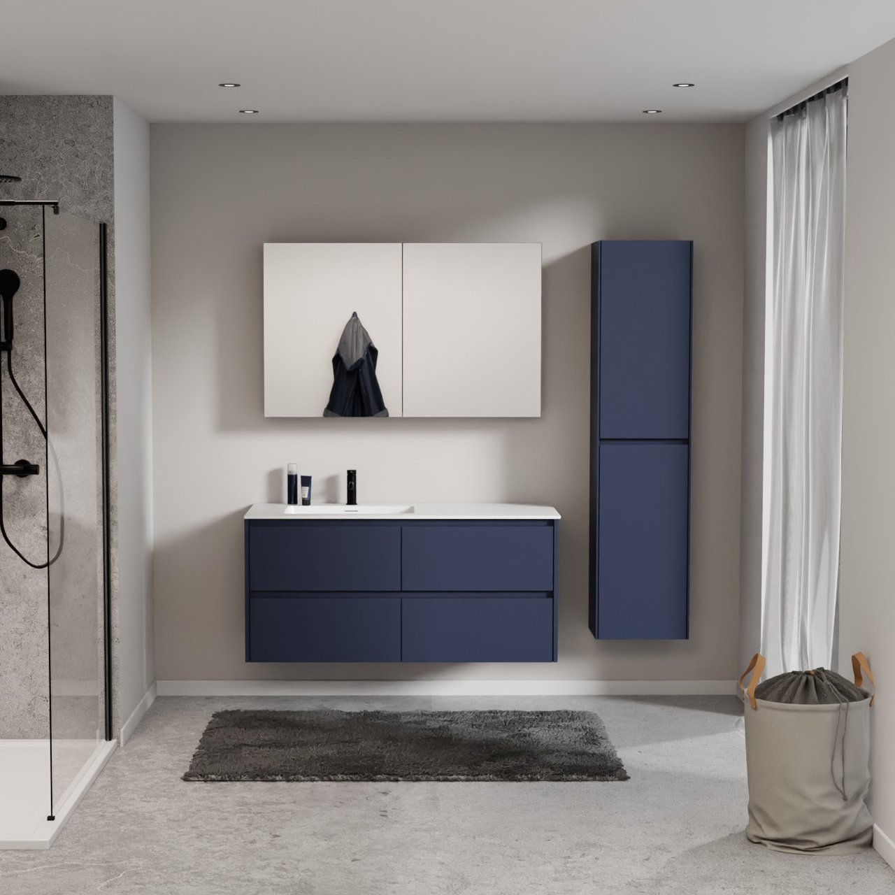 Storke Seda meuble salle de bains suspendu 130 x 52 cm bleu nuit avec Mata plan vasque asymétrique à gauche en solid surface blanc mat