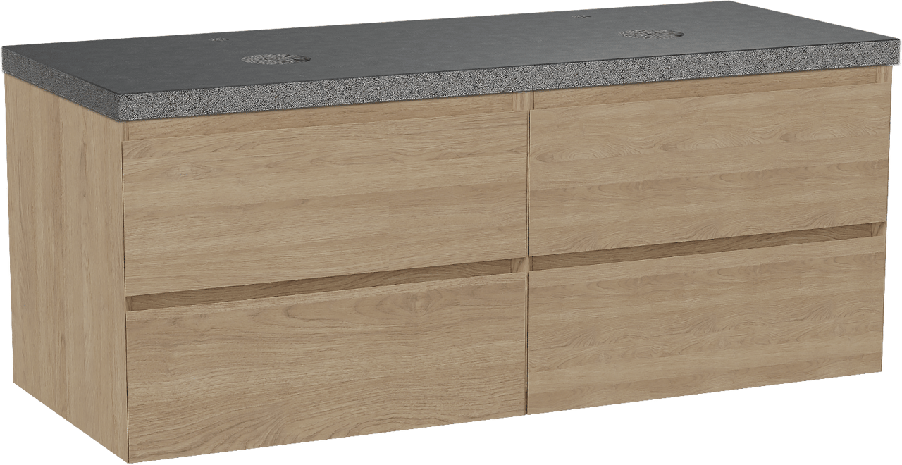 Balmani Mitra zwevend badmeubel 135 x 55 cm naturel eiken met Rock dubbel wastafelblad in zwart graniet