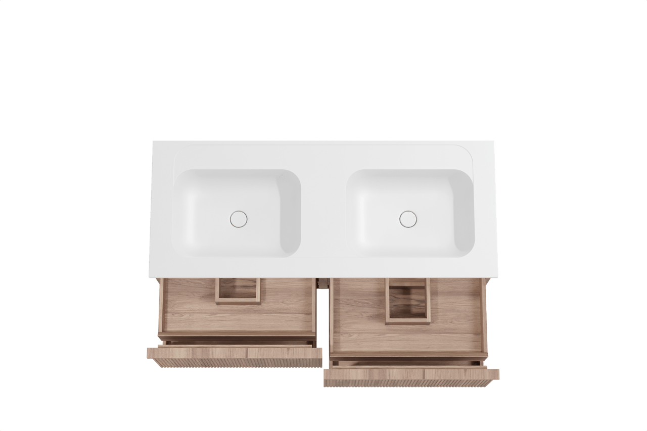 Balmani Forma hängendes Möbelstück Set: 135 x 55 cm, Teak, mit Tablo Strada Doppelwaschtisch, Marmorkomposit, Weiß matt, Vertikale symmetrische gerade Rippe