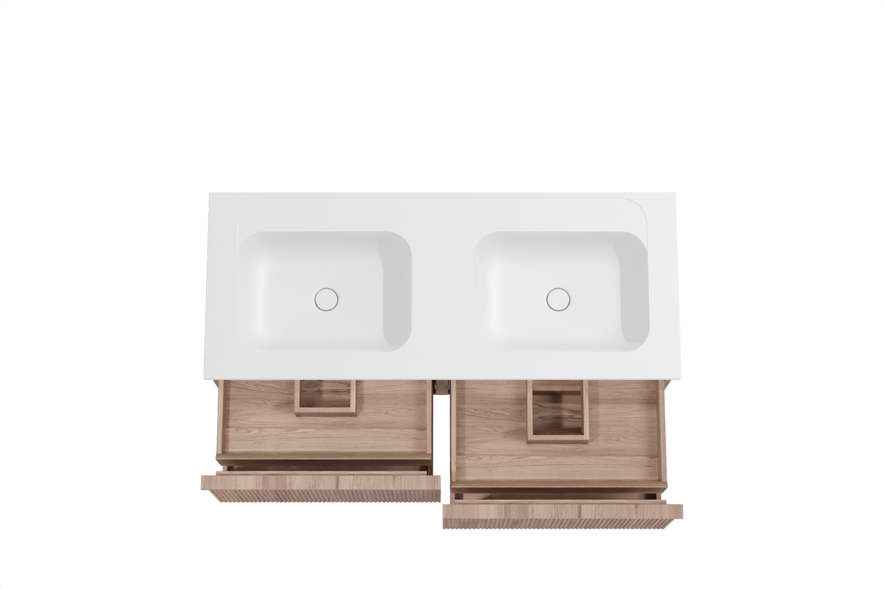 Balmani Forma hängendes Möbelstück Set: 135 x 55 cm, Teak, mit Tablo Strada Doppelwaschtisch, Marmorkomposit, Weiß matt, Vertikale symmetrische gerade Rippe