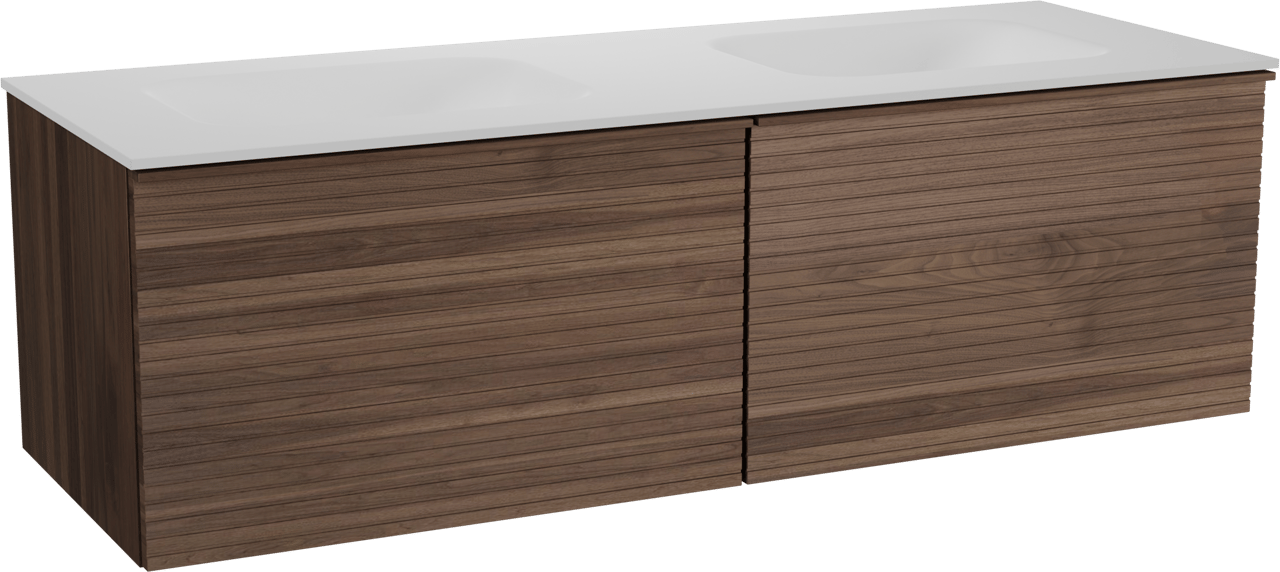 Balmani Forma zwevend badkamermeubel 150 x 55 cm amerikaanse notelaar met Tablo Arcato dubbele wastafel in solid surface mat wit, Horizontale symmetrische rechte ribbel