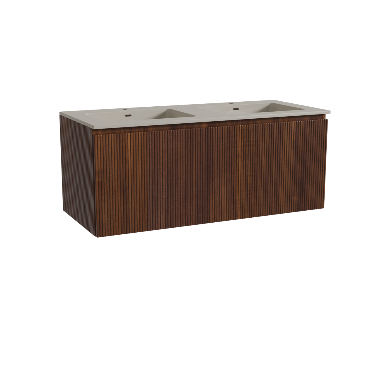 Storke Ribs meuble salle de bains suspendu 120 x 52 cm noyer avec Diva double vasque en top solid soie grise, Nervure droite symétrique verticale