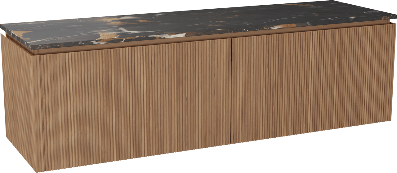 Balmani Eclips zwevend badkamermeubel 180 x 55 cm Teak met Stretto enkel of dubbel tablet in Portoro Gold marmer, Verticale symmetrische rechte ribbel