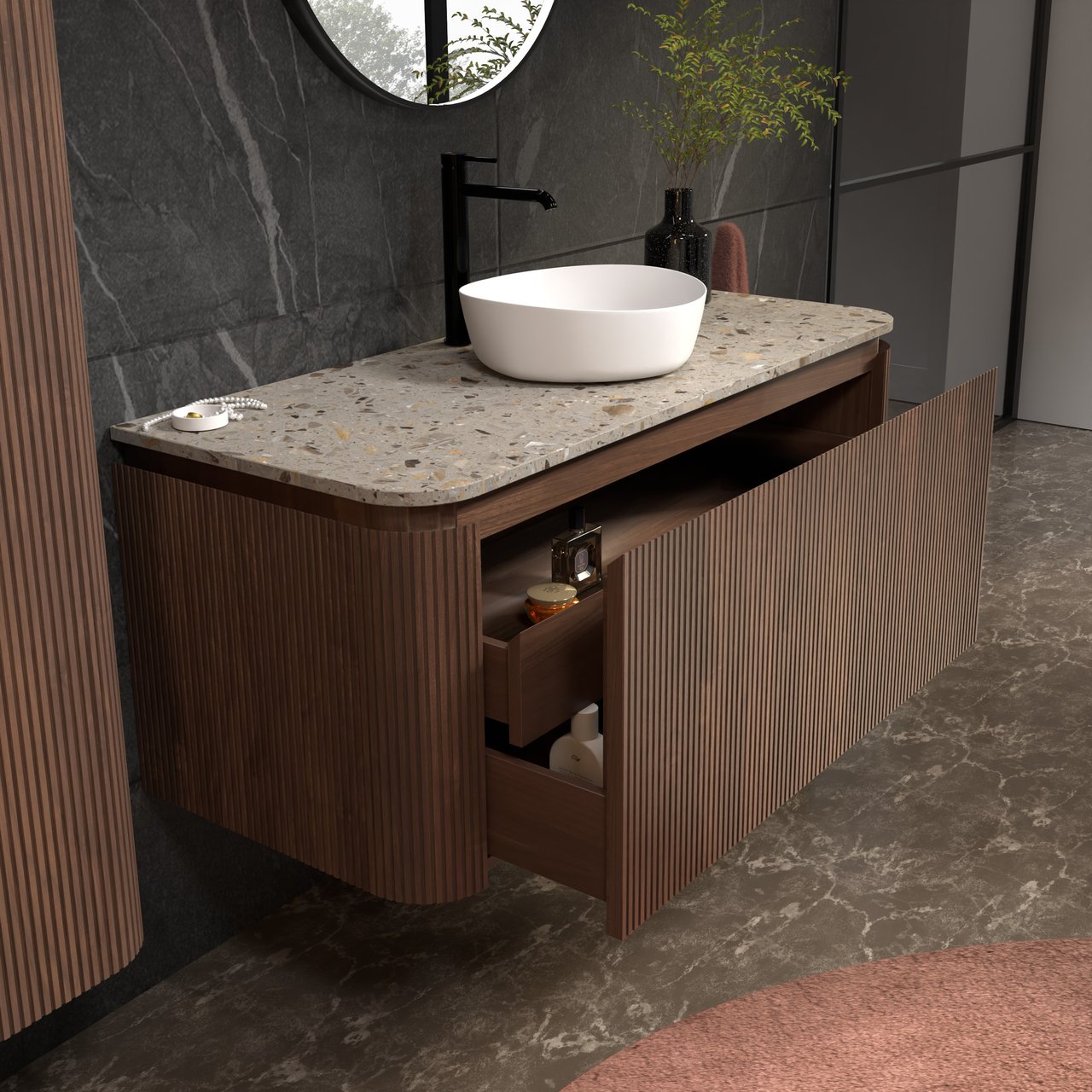 Balmani Moon hängendes Möbelstück Set: 130 x 55 cm, Amerikanischer Nussbaum, mit Moon Einzel- oder Doppel Waschtischplatte, Terrazzo in Greige, Vertikale symmetrische gerade Rippe