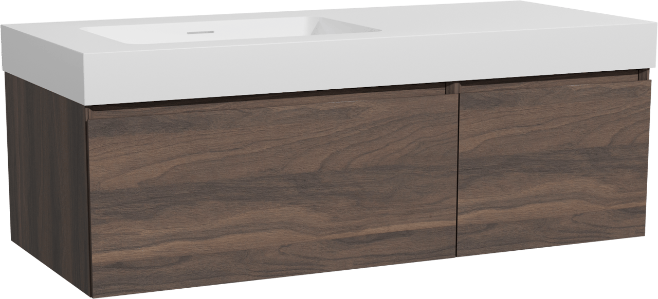 Storke Edge zwevend badmeubel 120 x 52 cm notenhout met Mata High asymmetrisch linkse wastafel in solid surface mat wit