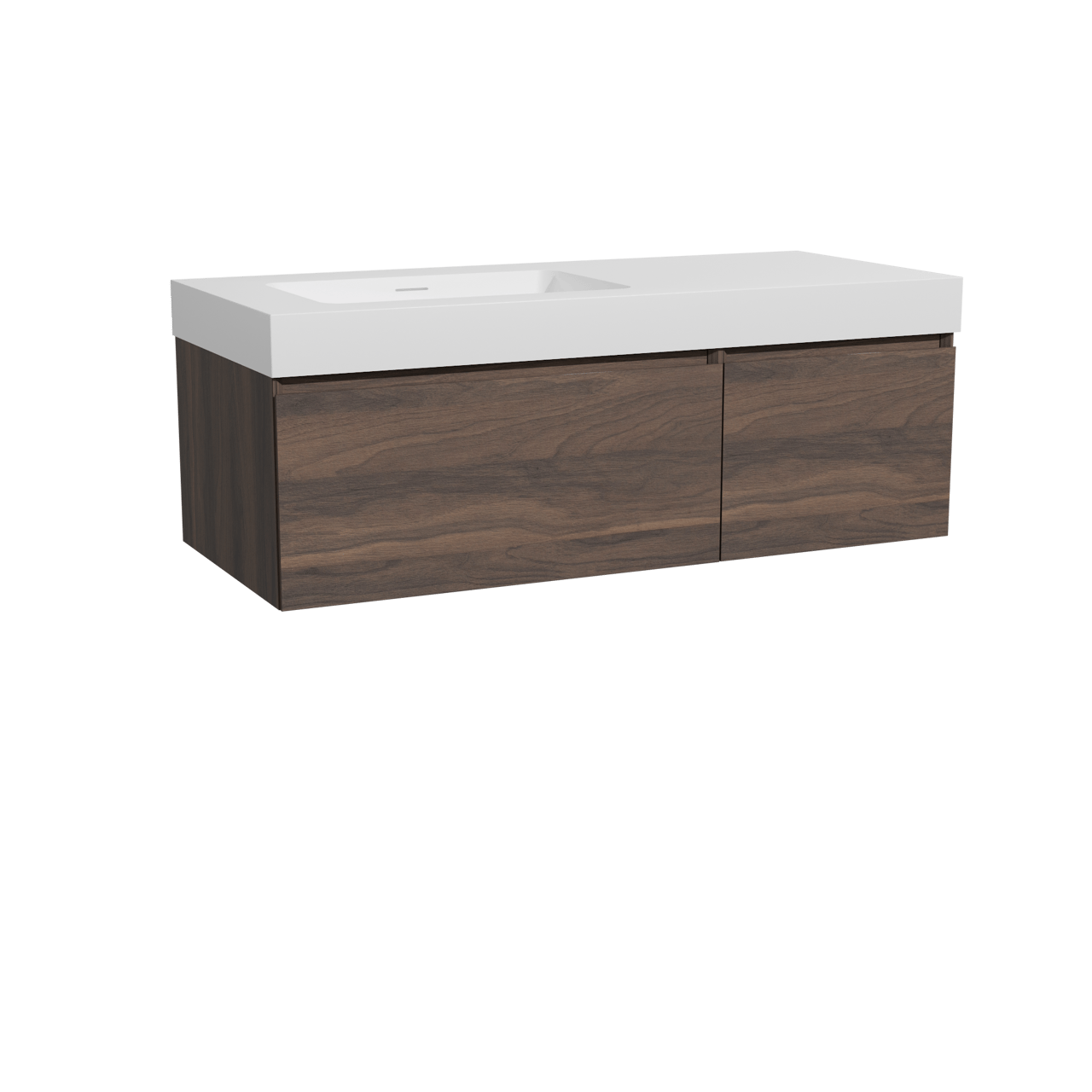 Storke Edge meuble salle de bains suspendu 120 x 52 cm noyer avec Mata High vasque asymétrique gauche en solid surface blanc mat