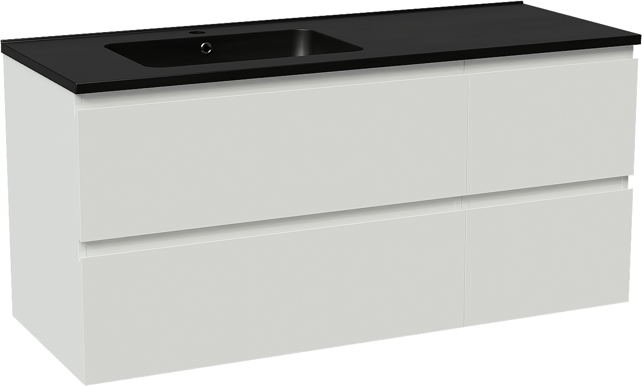 Linie Lado hängendes Möbelstück Set: 120 x 46 cm, Weiß glänzend, mit Vano Waschtisch links, Marmorkomposit Schwarz matt
