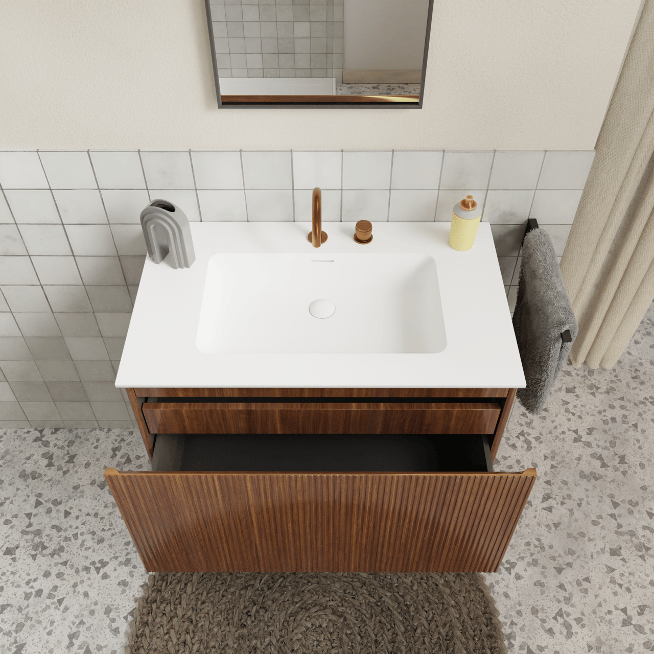 Storke Ribs meuble sous-lavabo suspendu 85 x 52 cm noyer 2 tiroirs