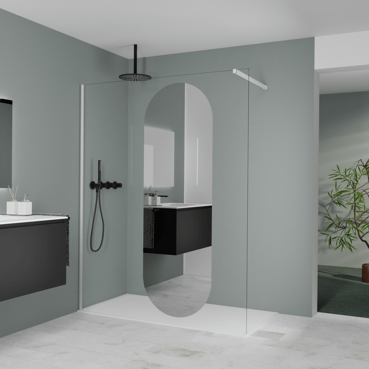 Balmani Modular Walk-In Dusche: 160 x 200 cm, Reflex-Spiegelglas Oval, Profil Weiß matt