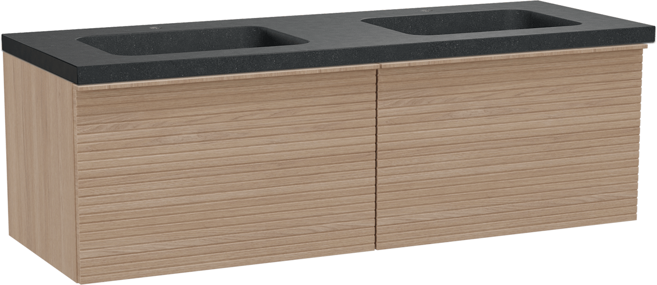 Balmani Forma zwevend badkamermeubel 150 x 55 cm natuur eik met Napoli dubbele wastafel in graniet zwart, Horizontale symmetrische rechte ribbel