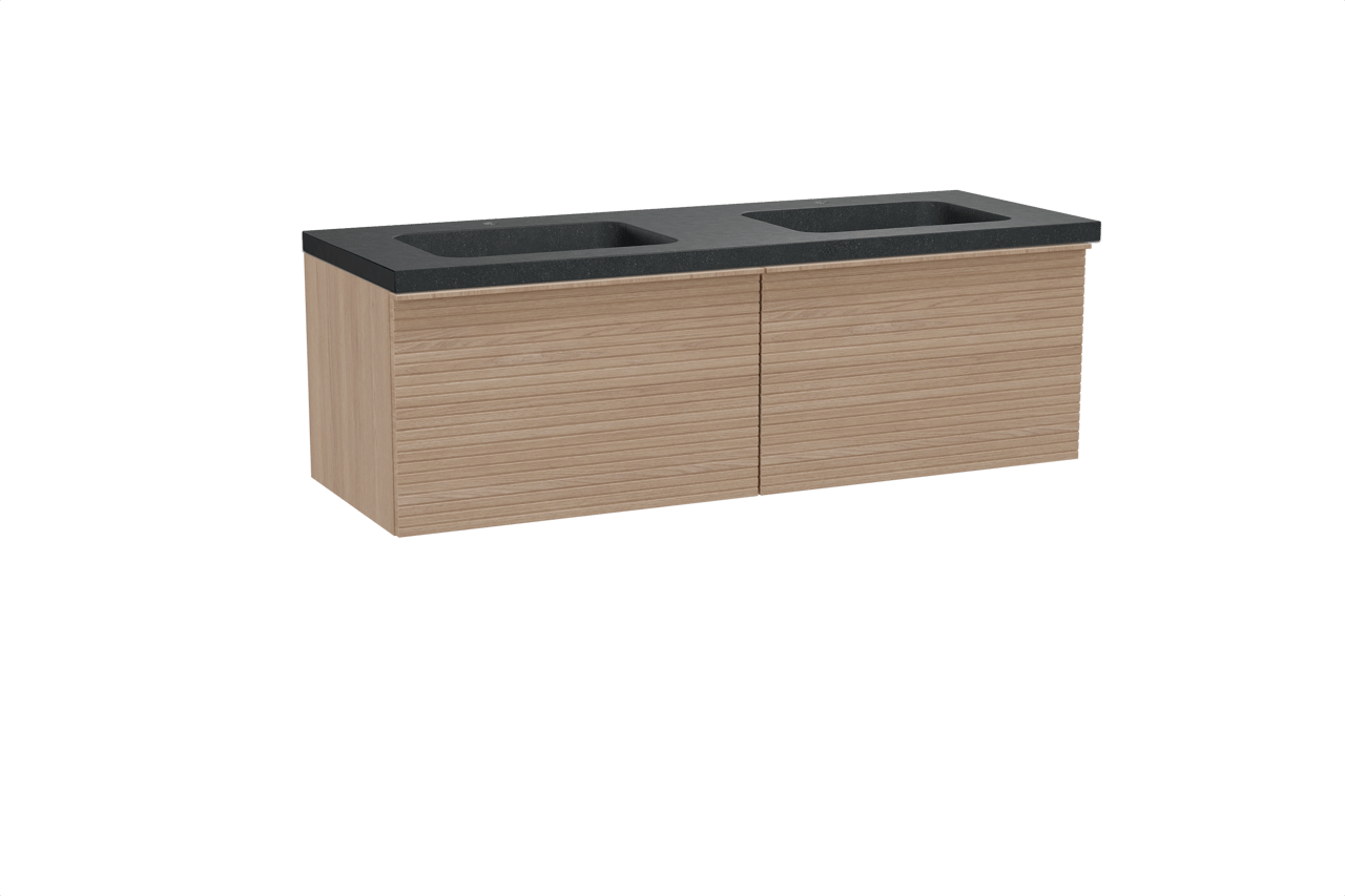 Balmani Forma hängendes Möbelstück Set: 150 x 55 cm, Naturbelassene Eiche, mit Napoli Doppelwaschtisch, Granit, Schwarzes Granit, Horizontale symmetrische gerade Rippe