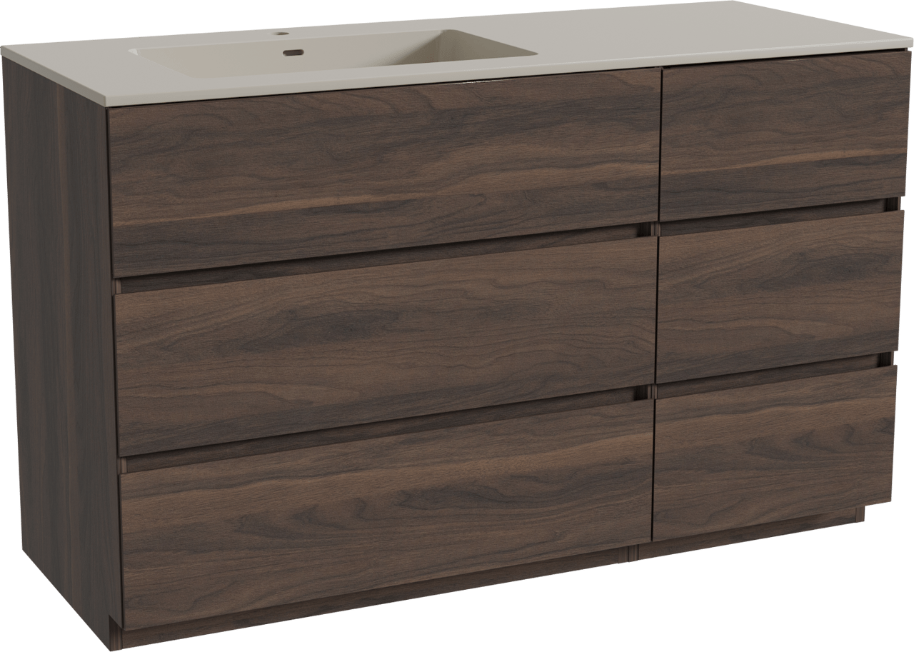 Storke Edge freistehendes Möbelstück Set: 130 x 52 cm, Nussbaum, mit Diva Waschtisch links, Top Solid Seidengrau