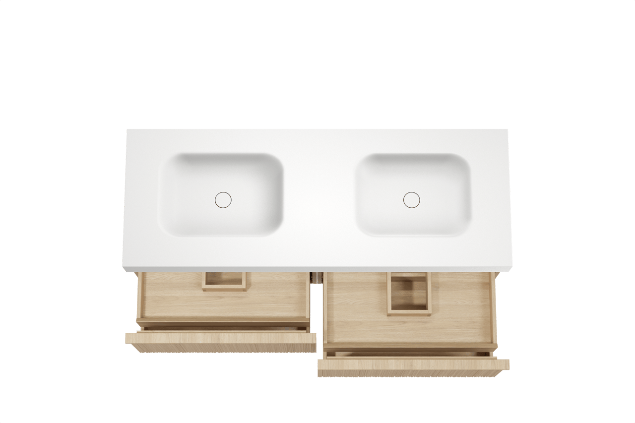 Balmani Forma meuble salle de bains suspendu 150 x 55 cm chêne naturel avec Arcato double vasque en solid surface blanc mat, Nervure circulaire asymétrique verticale