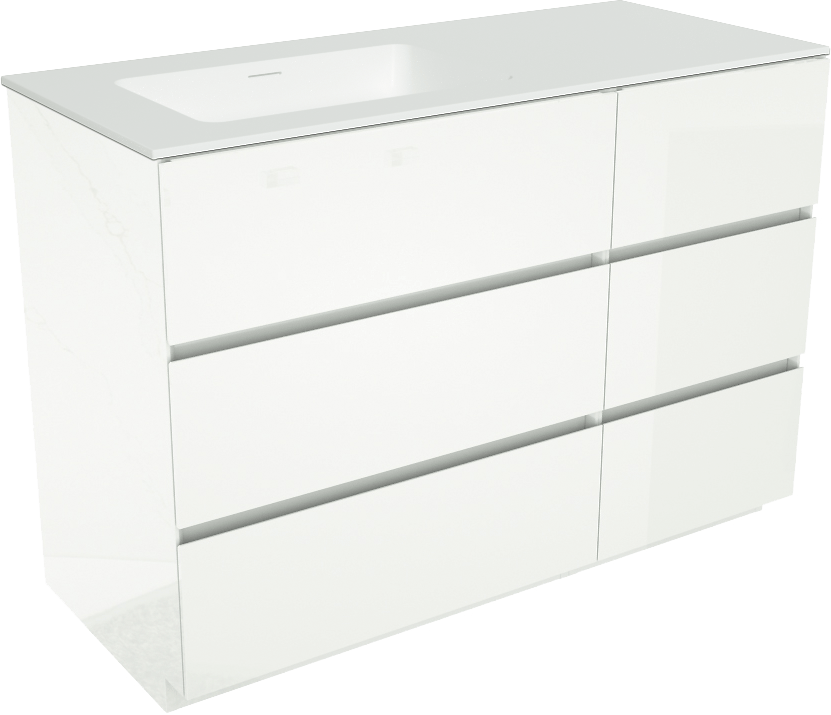 Storke Edge freistehendes Möbelstück Set: 120 x 52 cm, Weiß glänzend, mit Mata Waschtisch links, Solid Surface Weiß matt