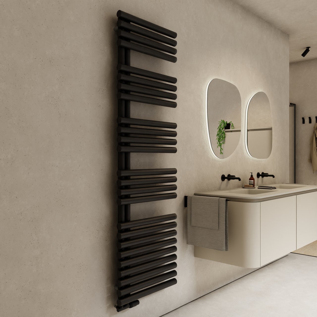 Vipera Avila enkele handdoekradiator 60 x 187cm centrale verwarming mat zwart middenaansluiting 1331W