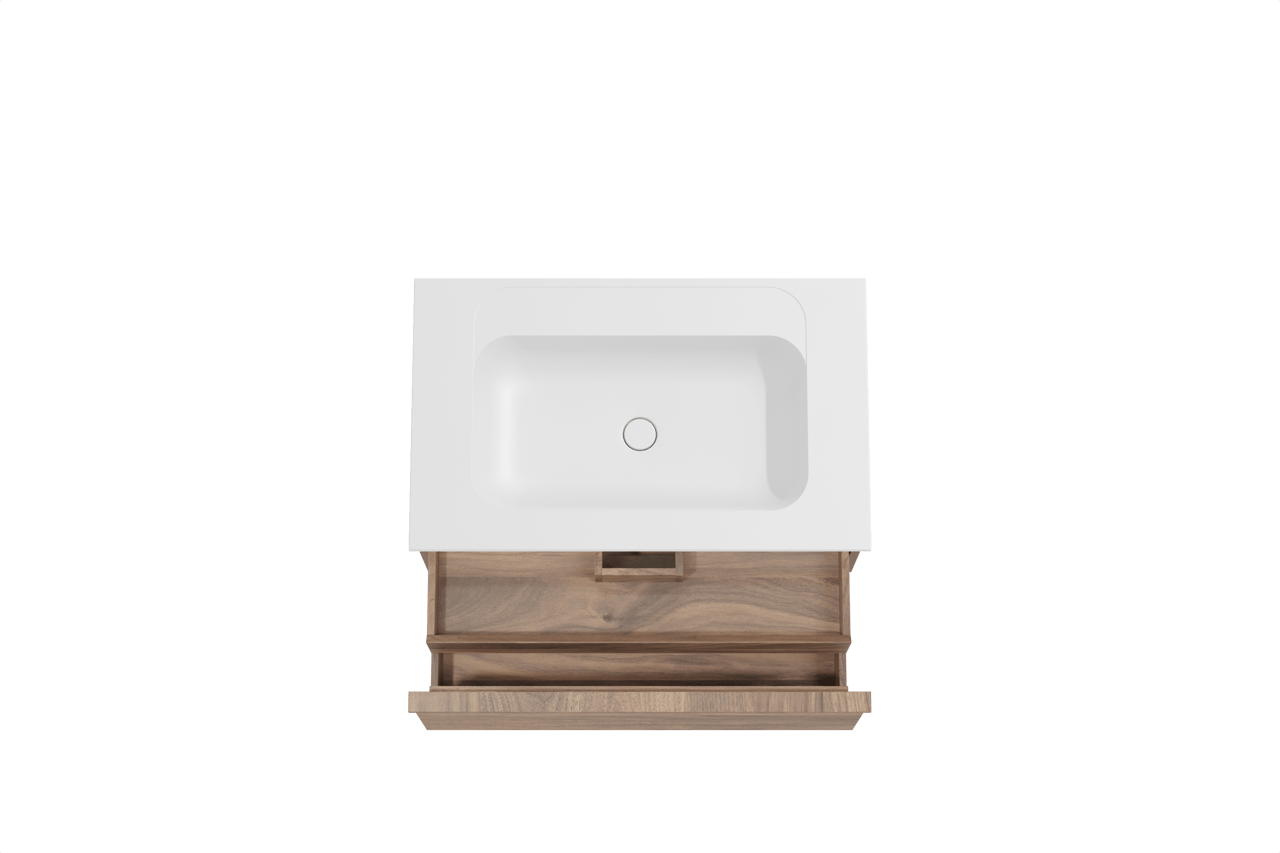 Balmani Forma hängendes Möbelstück Set: 90 x 55 cm, Amerikanischer Nussbaum, mit Tablo Strada Einzelwaschtisch, Marmorkomposit, Weiß matt, Horizontale symmetrische gerade Rippe