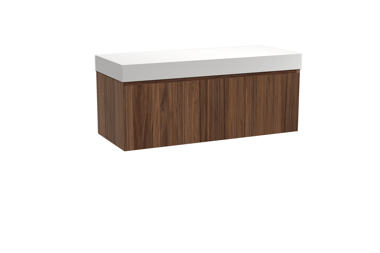 Balmani Idra meuble salle de bains suspendu 135 x 55 cm noyer avec Dominus tablette simple ou double en solid surface blanc mat