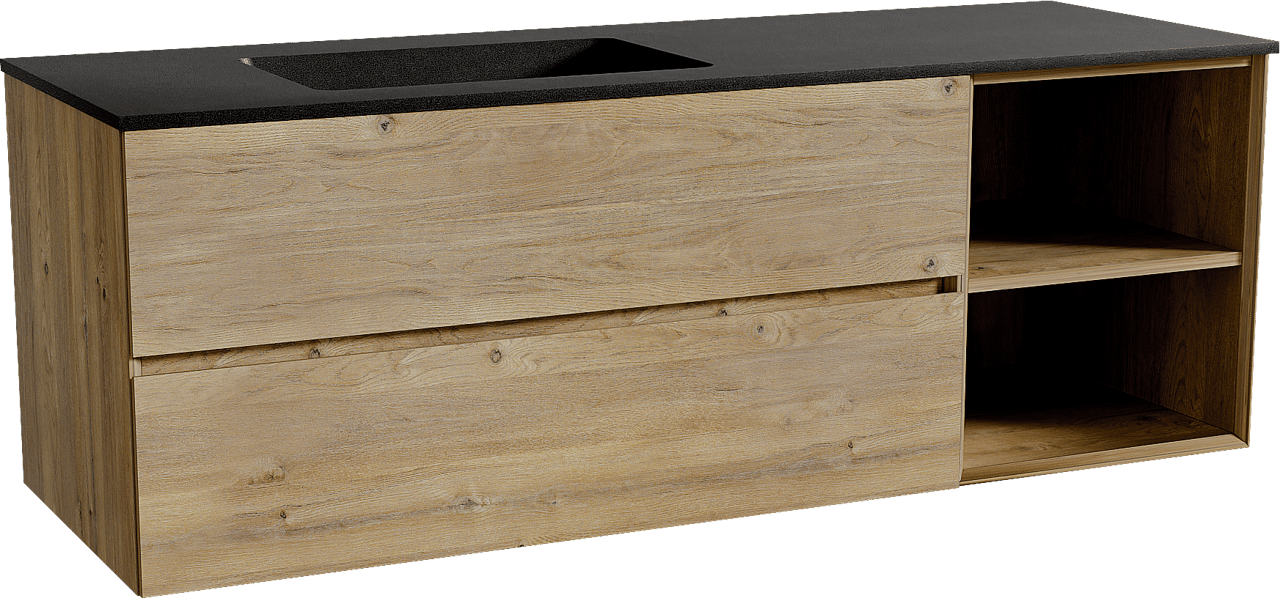 Storke Edge zwevend badmeubel 150 x 52 cm ruw eiken met Scuro asymmetrisch linkse wastafel in kwarts mat zwart