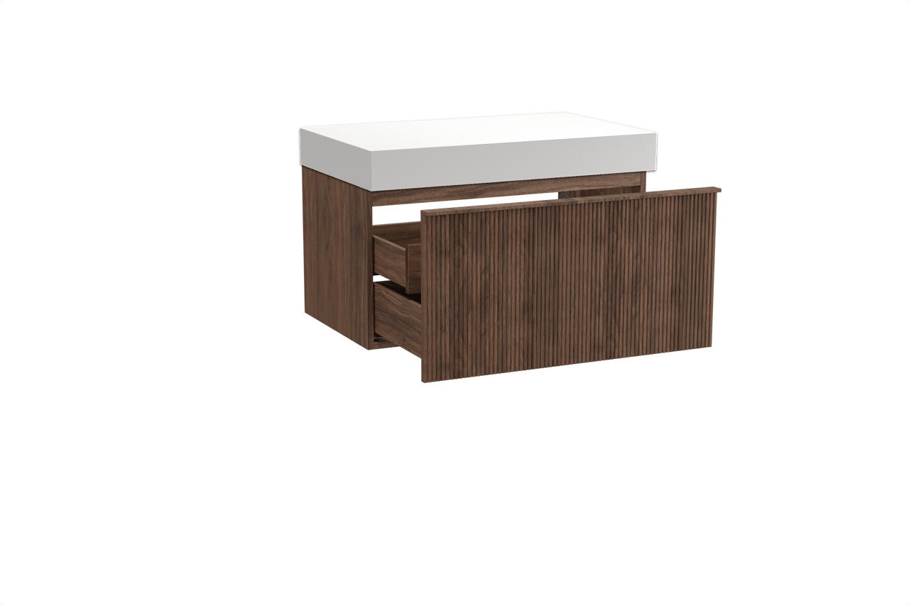 Balmani Forma hängendes Möbelstück Set: 90 x 55 cm, Amerikanischer Nussbaum, mit Dominus Einzel Waschtischplatte, Solid Surface, Weiß matt, Vertikale symmetrische gerade Rippe