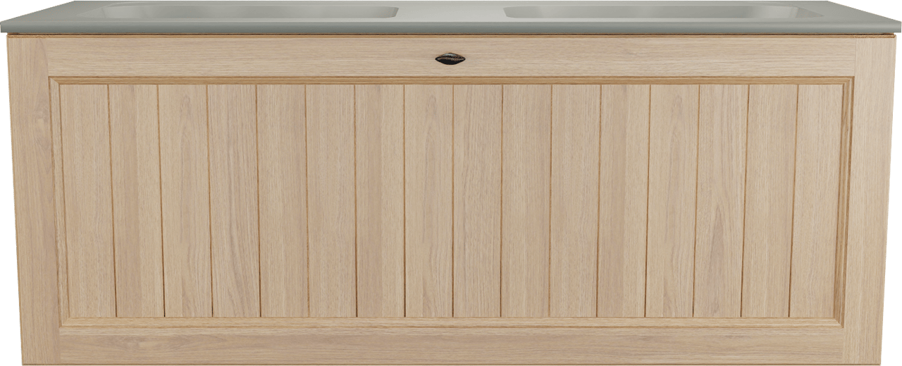 Balmani Lemon zwevend badkamermeubel 135 x 55 cm, fineer natuur eik met Tablo Strada dubbele wastafel in zijdegrijs