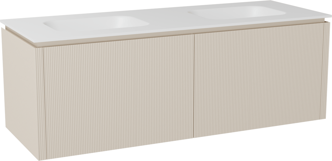 Balmani Eclips meuble salle de bains suspendu 150 x 55 cm Sandbeige avec Tablo Arcato double vasque en Solid Surface blanc mat, Nervure droite symétrique verticale
