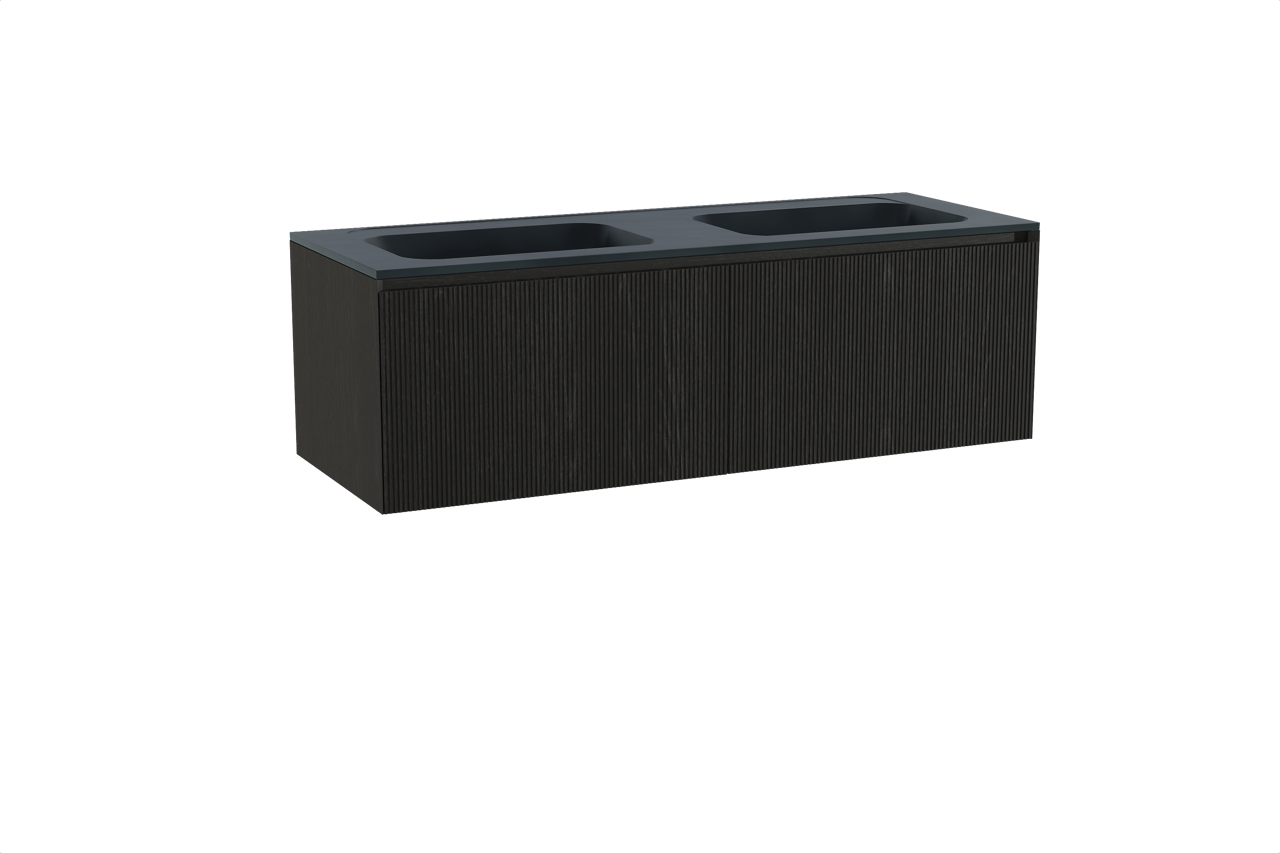 Balmani Fila hängendes Möbelstück Set: 150 x 55 cm, Schwarze Eiche, mit Tablo Strada Doppelwaschtisch, Marmorkomposit, Schwarz matt, Vertikale symmetrische gerade Rippe