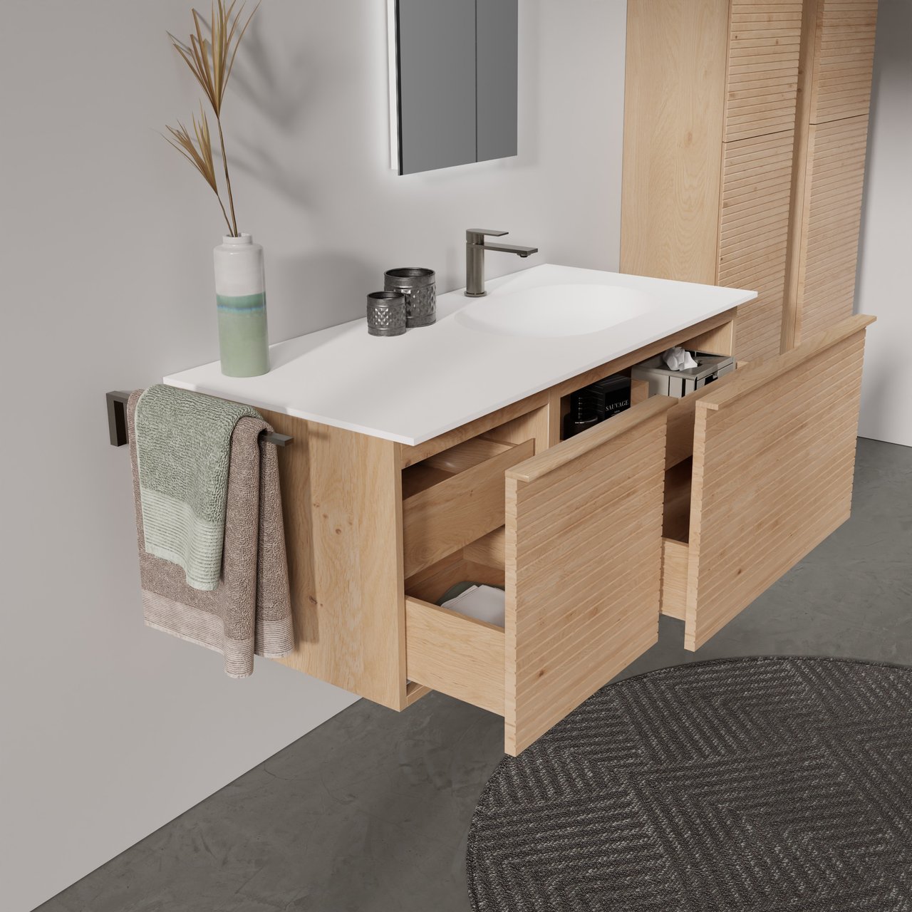 Balmani Forma zwevend badkamermeubel 120 x 55 cm natuur eik met Tablo Oval asymmetrisch rechtse wastafel in solid surface mat wit, Horizontale symmetrische rechte ribbel