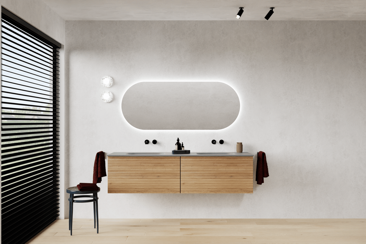 Balmani Forma meuble sous-lavabo suspendu nervure horizontale 90 x 55 cm chêne naturel 2 tiroirs