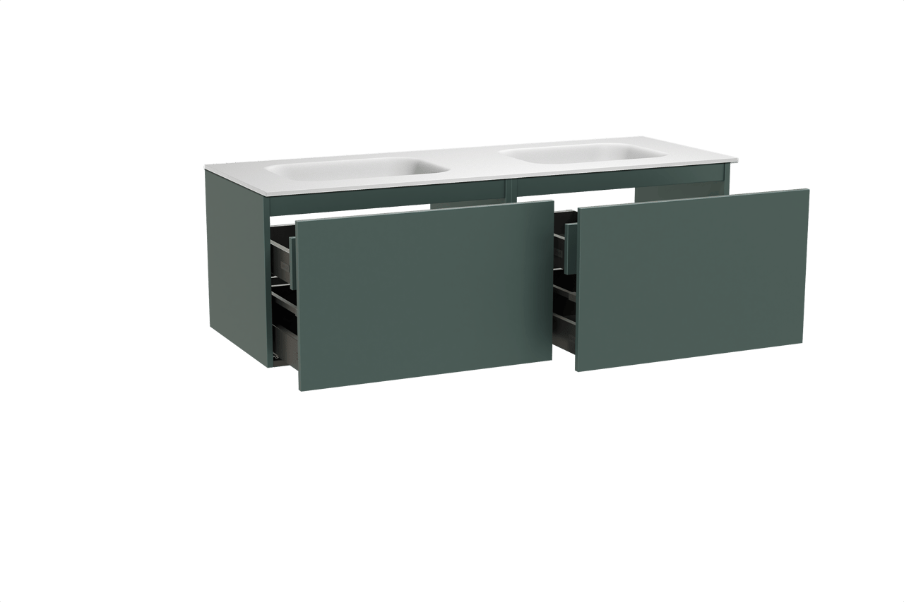 Balmani Sfera meuble salle de bains suspendu 150 x 55 cm forest avec Tablo Arcato double vasque en solid surface blanc mat