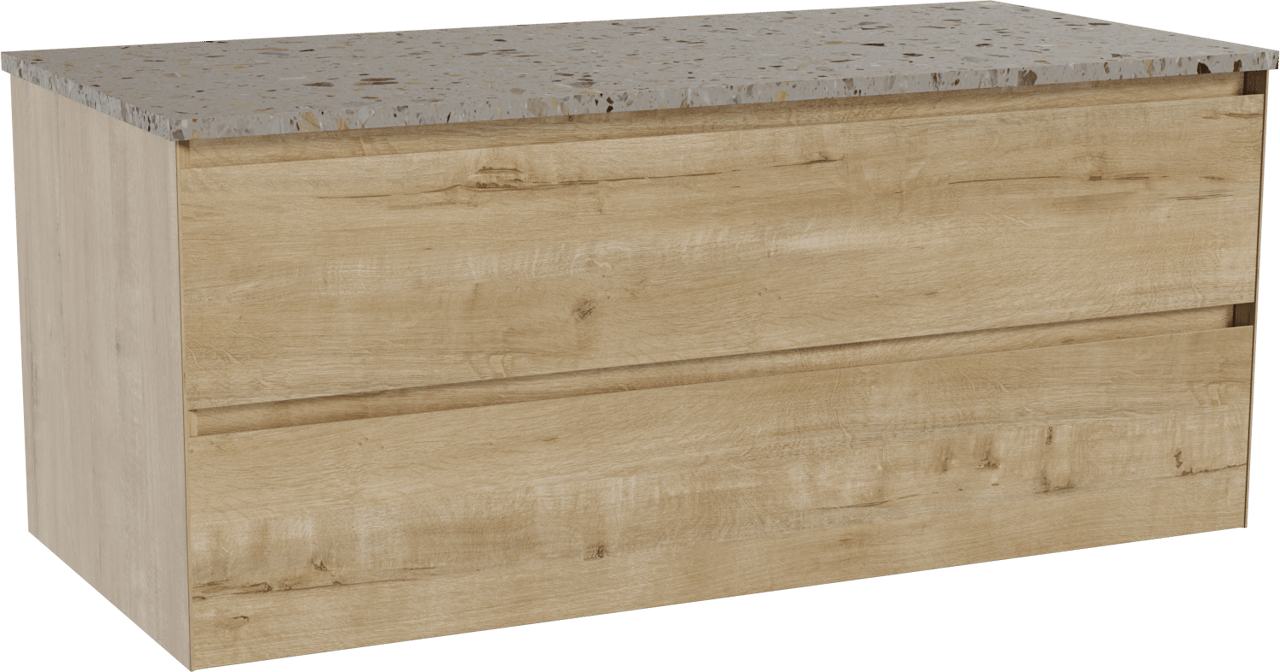 Balmani Mitra hängendes Möbelstück Set: 120 x 55 cm, Rohe Eiche, mit Stretto Einzel- oder Doppel Waschtischplatte, Terrazzo in Greige