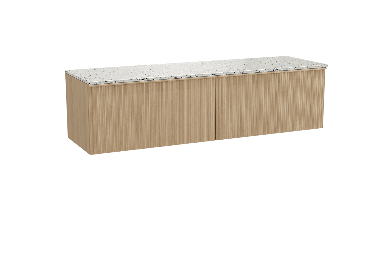 Balmani Forma zwevend badkamermeubel 180 x 55 cm natuur eik met Stretto enkel of dubbel tablet in mat wit/zwart terrazzo, Verticale asymmetrische ronde ribbel