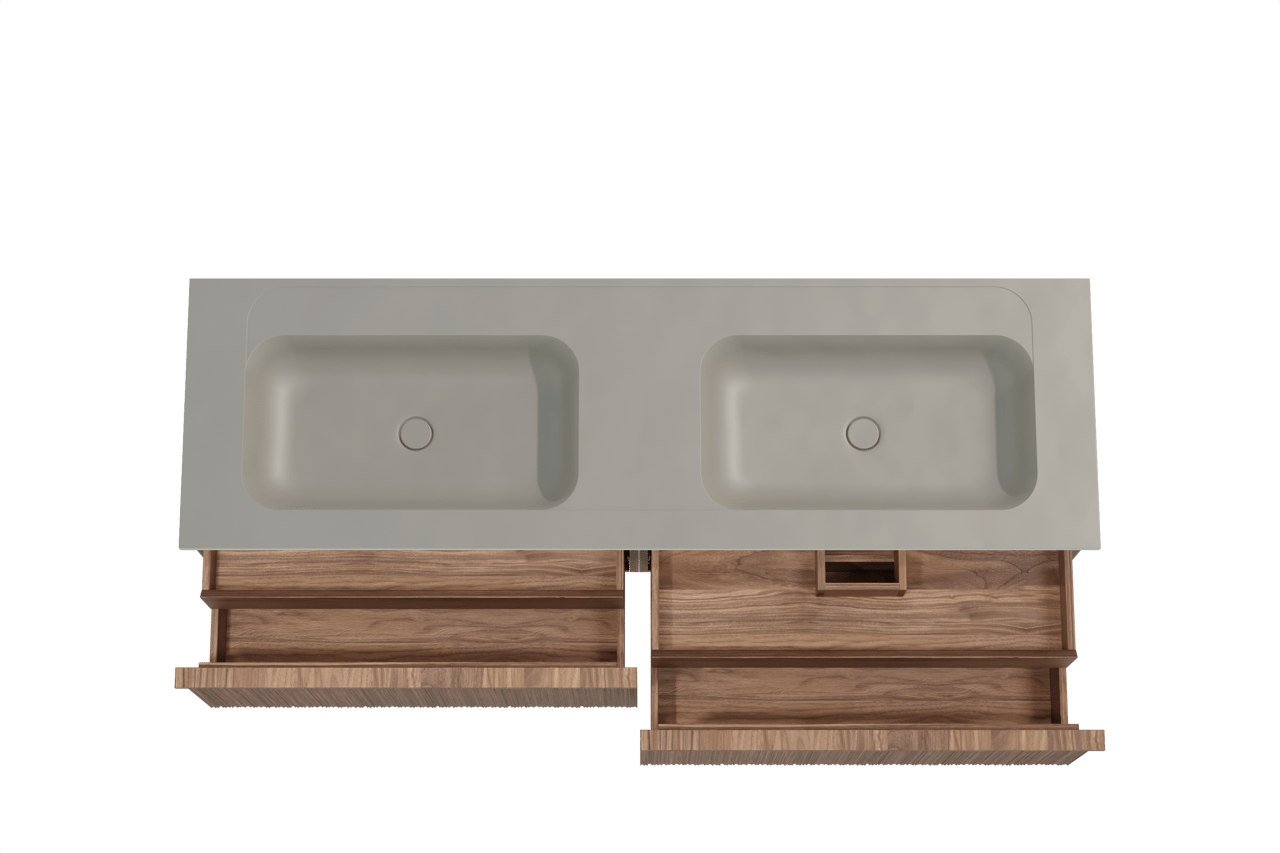Balmani Forma hängendes Möbelstück Set: 180 x 55 cm, Amerikanischer Nussbaum, mit Tablo Strada Doppelwaschtisch, Marmorkomposit, Seidengrau, Vertikale asymmetrische Runde Rippe