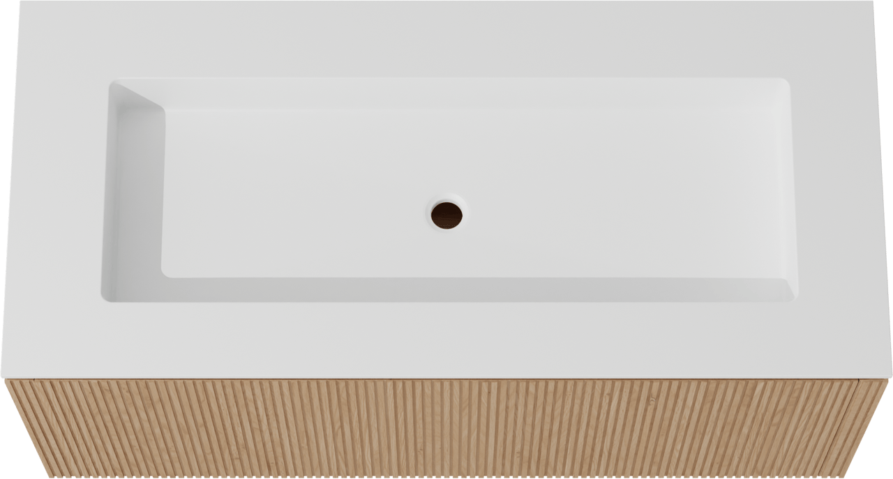 Balmani Eclips zwevend badkamermeubel 120 x 55 cm Natuur eik met Tablo Stretto enkele wastafel in Solid Surface mat wit, Verticale symmetrische rechte ribbel