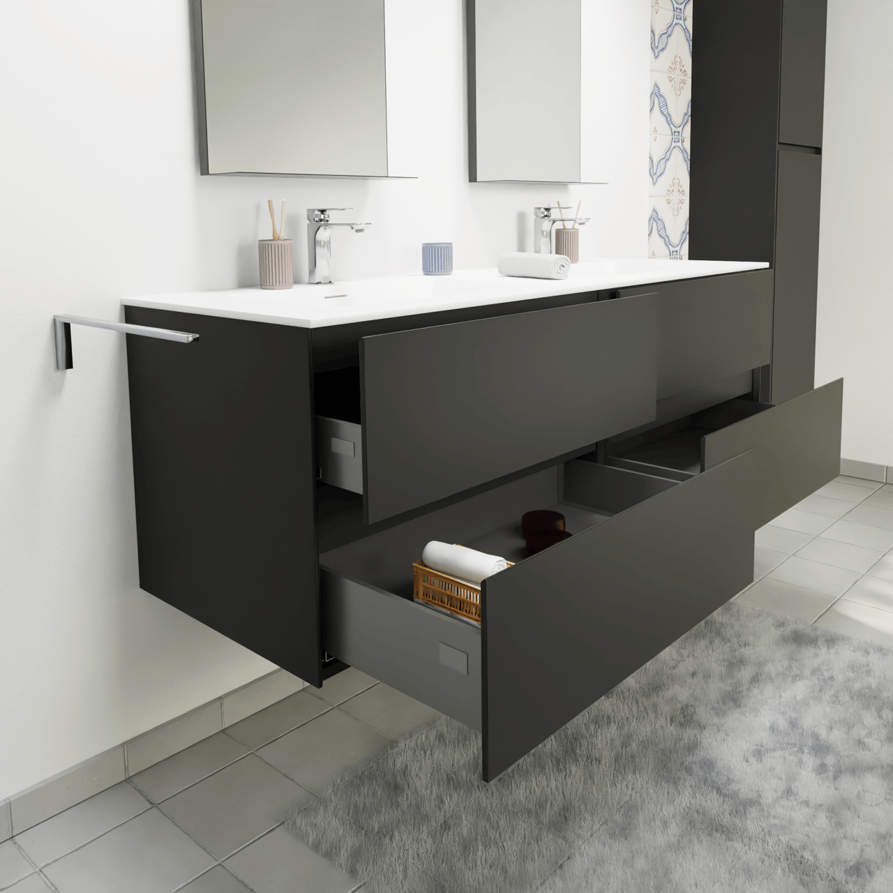 Storke Edge hängendes Möbelstück Set: 150 x 52 cm, Schwarz matt, mit Scuro High Doppelwaschtisch, Quarz Schwarz matt