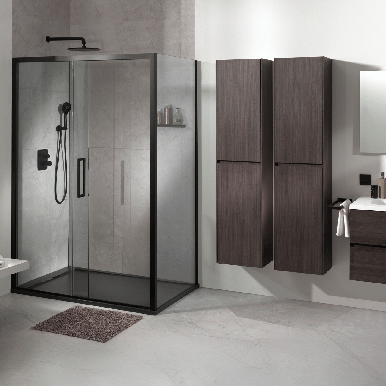 Luca Varess Senses paroi de douche avec porte coulissante et paroi latérale fixe 90 x 140 cm verre transparent profil noir mat