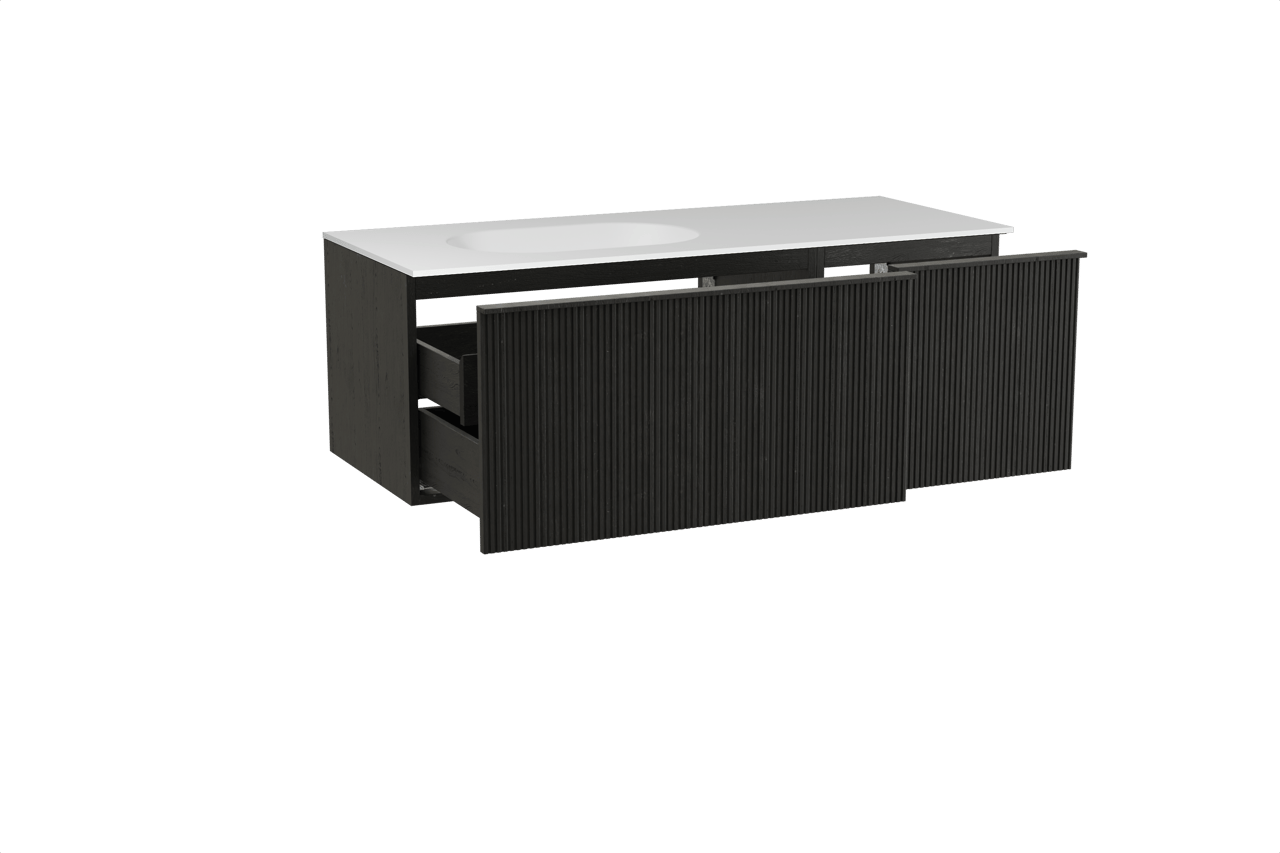 Balmani Forma hängendes Möbelstück Set: 135 x 55 cm, Schwarze Eiche, mit Tablo Oval Waschtisch links, Solid Surface, Weiß matt, Vertikale symmetrische gerade Rippe