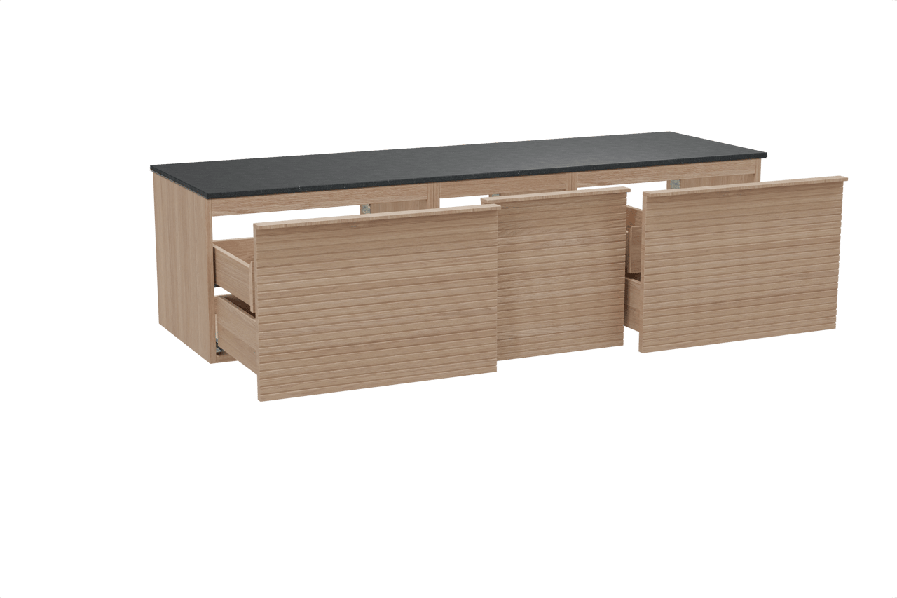 Balmani Forma zwevend badkamermeubel 180 x 55 cm natuur eik met Stretto enkel of dubbel tablet in graniet zwart, Horizontale symmetrische rechte ribbel