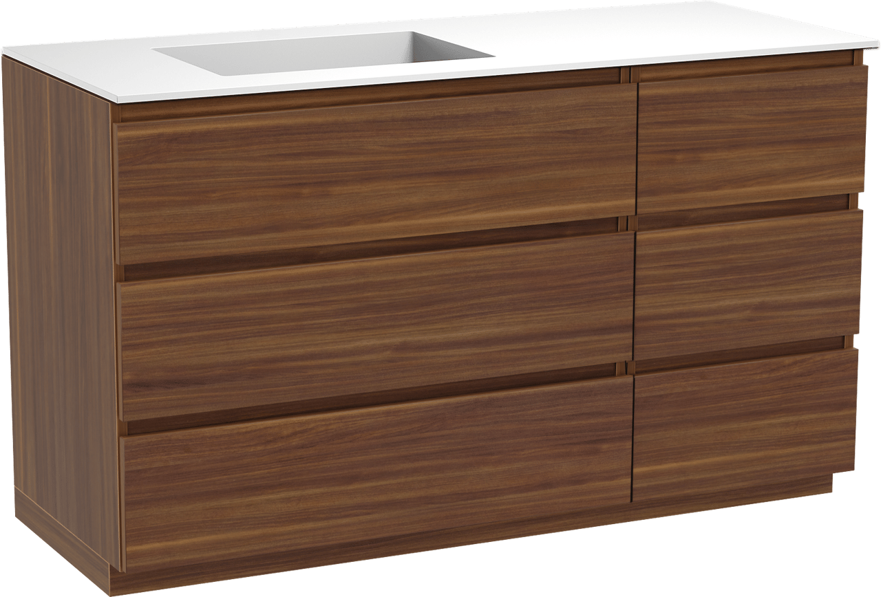 Balmani Lucida freistehendes Möbelstück Set: 135 x 55 cm, Amerikanischer Nussbaum, mit Tablo Stretto Waschtisch links, Solid Surface Weiß matt