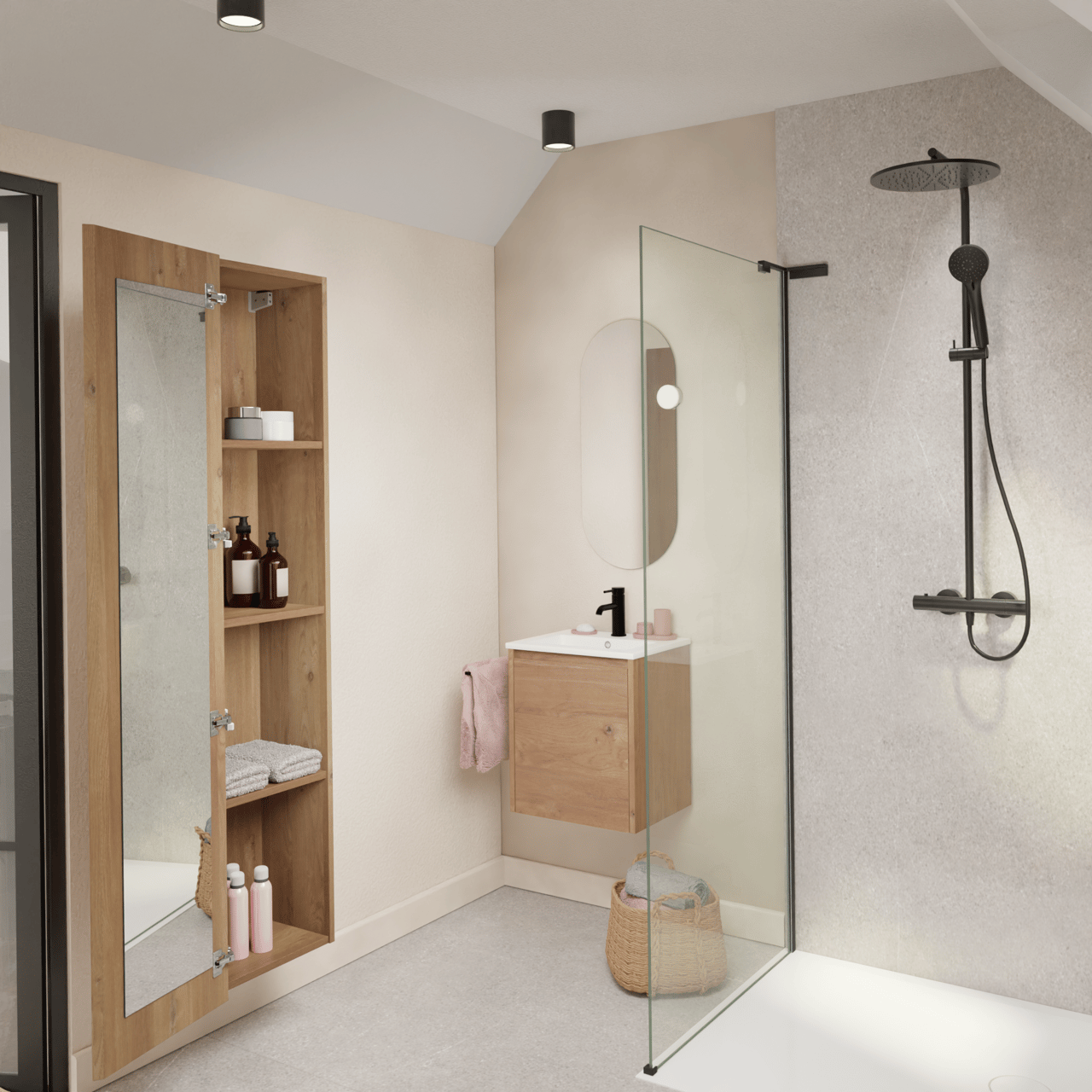 Storke Seda zwevend badkamermeubel 45 x 35 cm ruwe eik met Diva enkele wastafel in composietmarmer glanzend wit