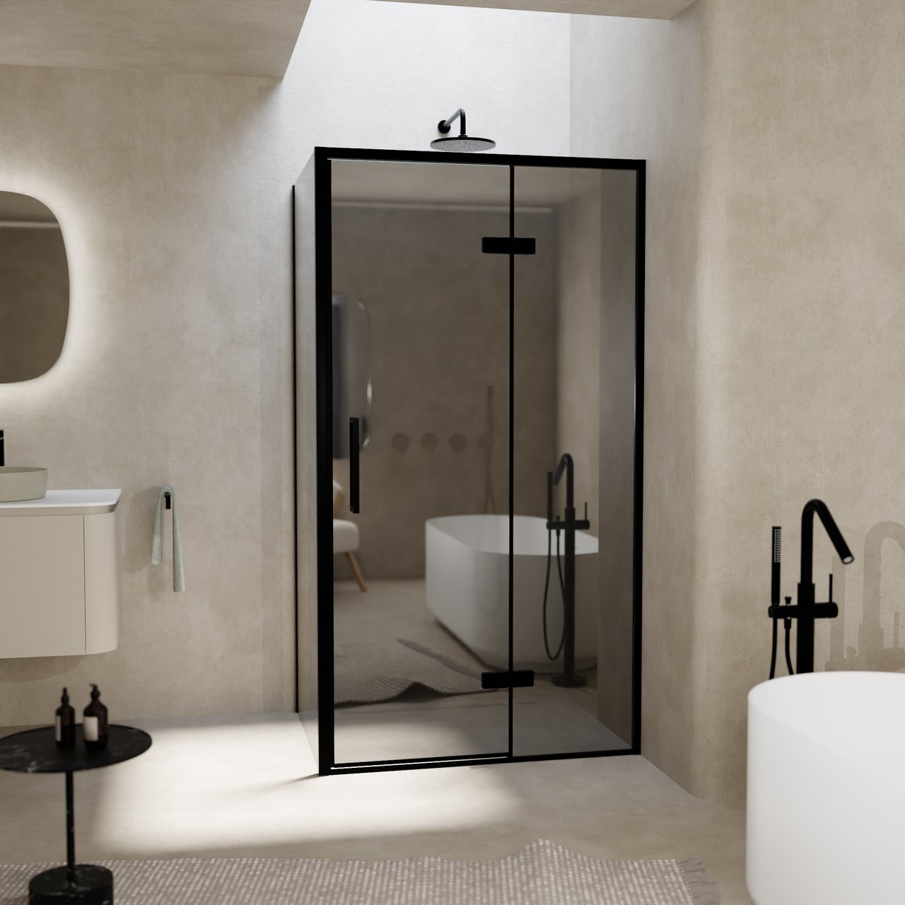 Balmani Senses Design douche en coin avec porte pivotante à droite et paroi latérale fixe, 100 x 80 cm, Miroir Reflex, Profil noir, coating inclus