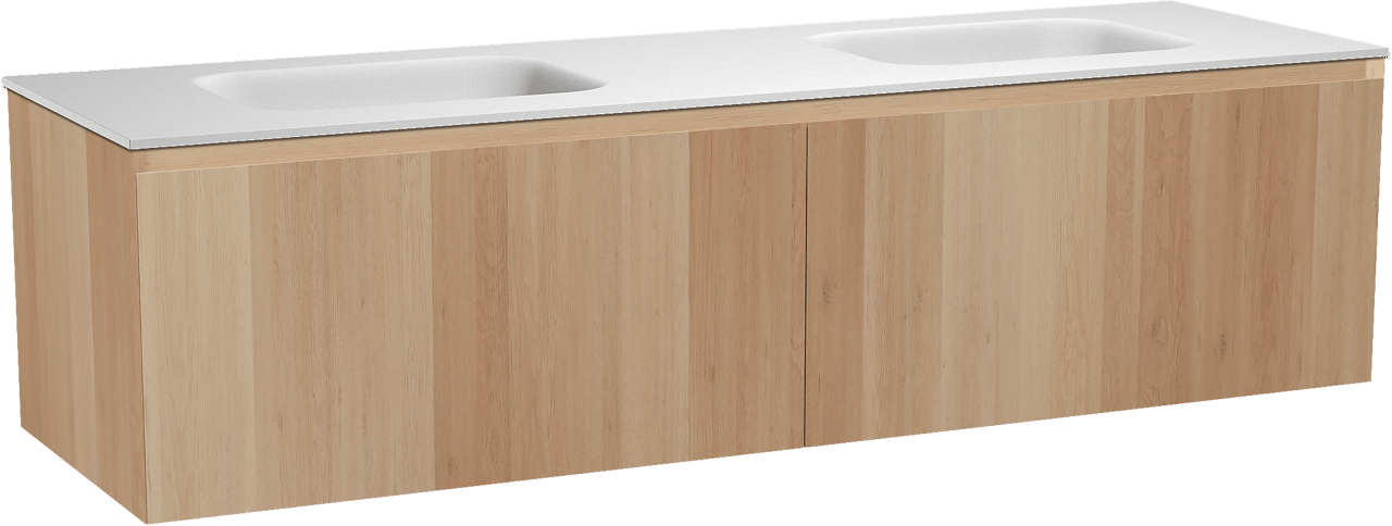 Balmani Idra zwevend badkamermeubel 180 x 55 cm natuur eik met Tablo Arcato dubbele wastafel in solid surface mat wit