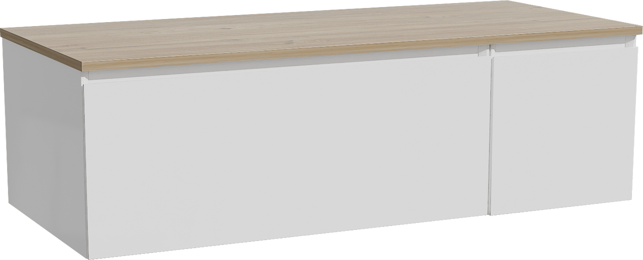 Storke Edge hängendes Möbelstück Set: 120 x 52 cm, Weiß glänzend, mit Panton Einzel- oder Doppel Waschtischplatte, Melamin Rohe Eiche