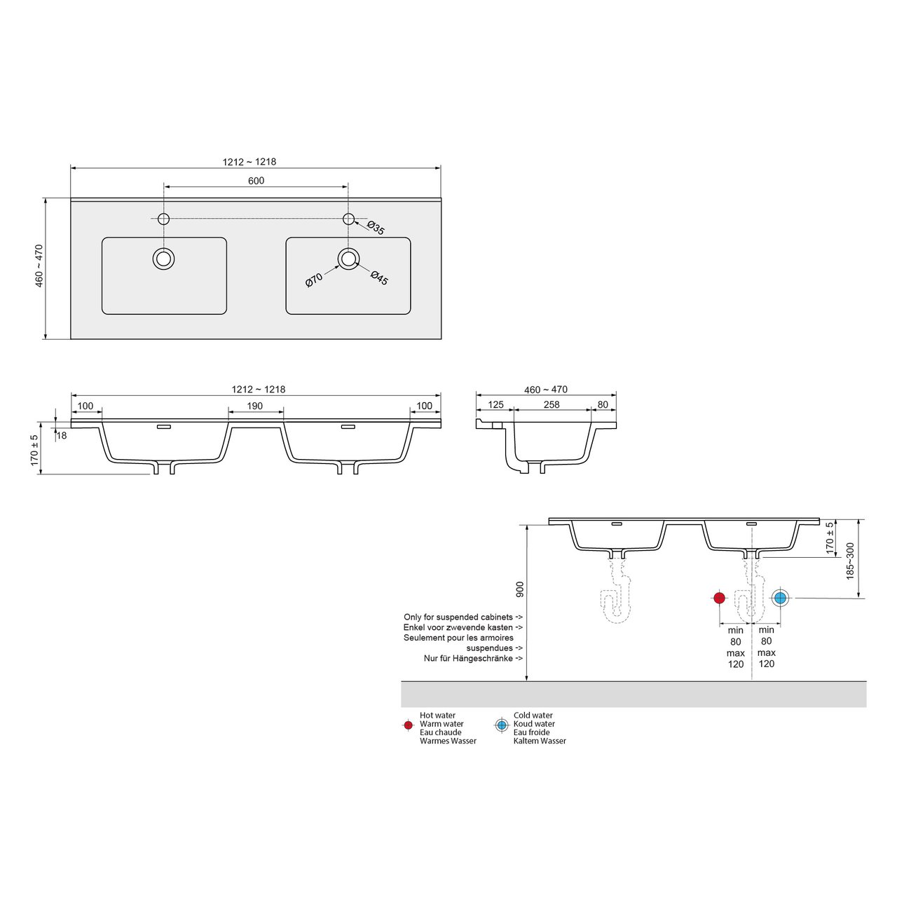 Linie Baro plan double porcelaine blanc mat 120 x 46 cm