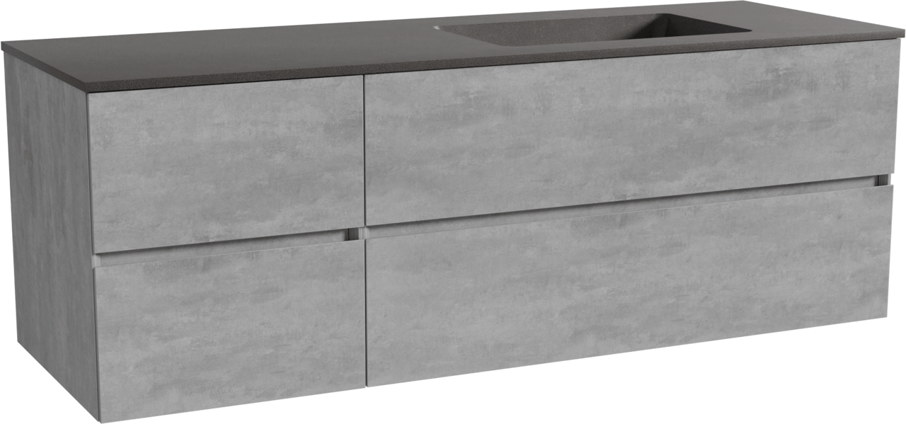 Storke Edge meuble salle de bains suspendu 150 x 52 cm béton gris foncé avec Scuro plan vasque asymétrique à droite en quartz noir mat