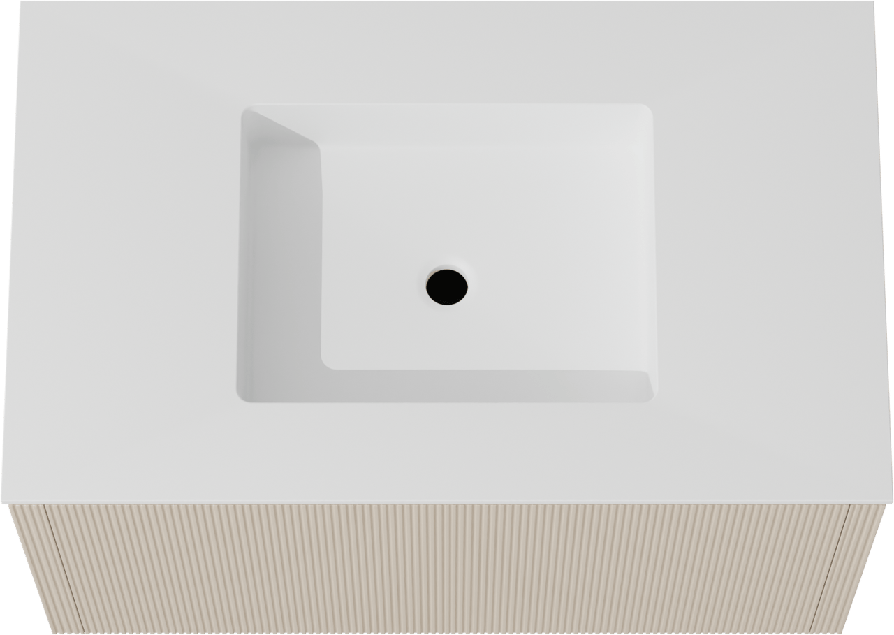 Balmani Eclips hängendes Möbelstück Set: 90 x 55 cm, Sandbeige, mit Tablo Stretto Einzelwaschtisch Solid Surface Weiβ matt, Vertikale symmetrische gerade Rippe